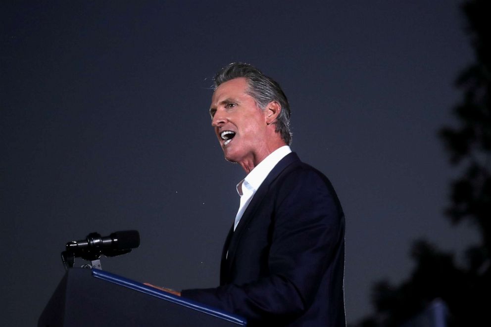 PHOTO: California Governor Gavin Newsom, who faces a September 14 recall election, speaks during a campaign event at Long Beach City College Liberal Arts Campus in Long Beach, Calif., Sept. 13, 2021.