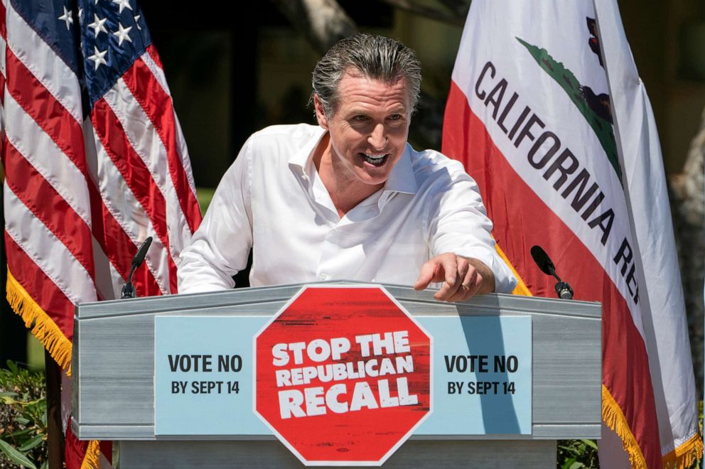 PHOTO: California Gov. Gavin Newsom campaigns against the recall election at Culver City High School in Culver City, Calif., Saturday, Sept. 4, 2021.