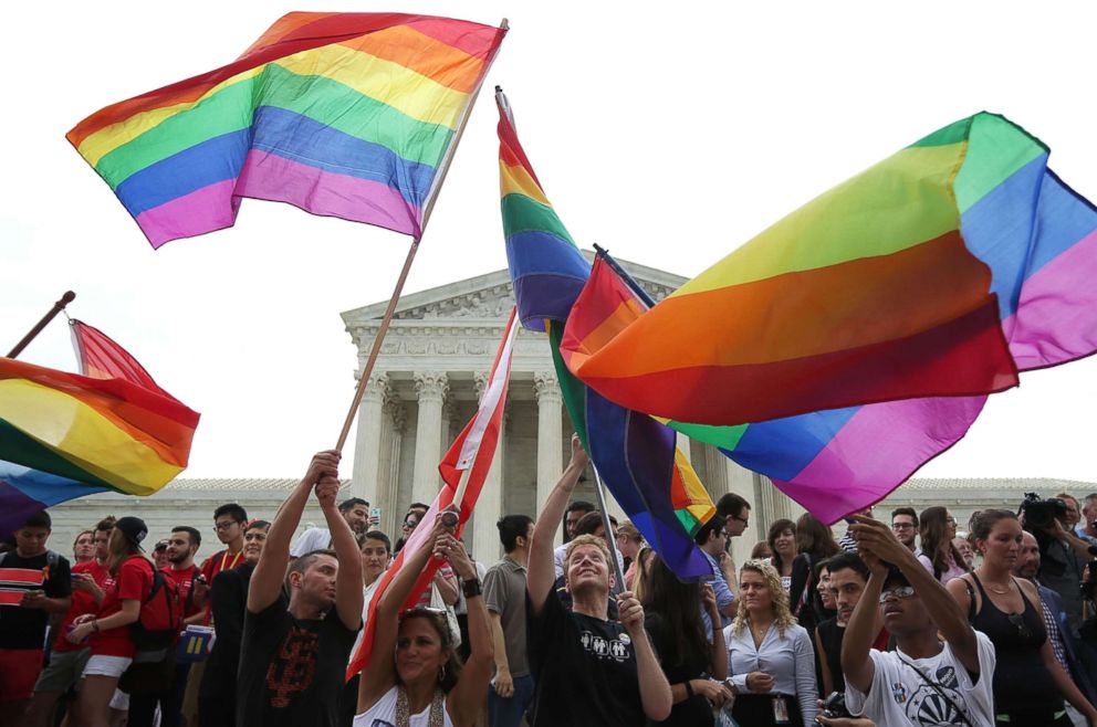 PHOTO: Same-sex marriage supporters rejoice after the U.S Supreme Court handed down a ruling legalizing same-sex marriage, June 26, 2015, outside the Supreme Court in Washington.