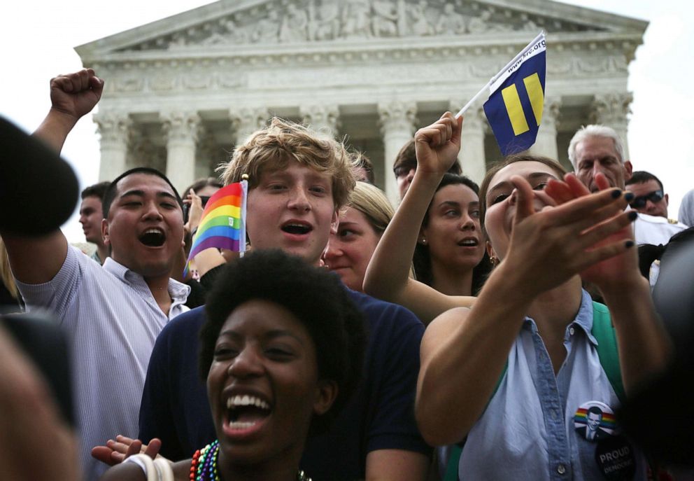 PHOTO: WIn this June 26, 2015, file photo, same-sex marriage supporters rejoice after the U.S Supreme Court hands down a ruling regarding same-sex marriage outside the Supreme Court in Washington, DC.