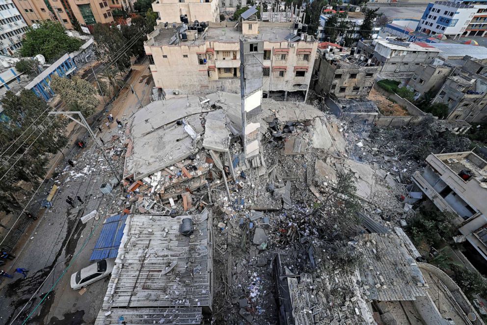 PHOTO: A view from above shows the destroyed six-story building which was hit by an early morning Israeli airstrike on Gaza City, May 18, 2021.