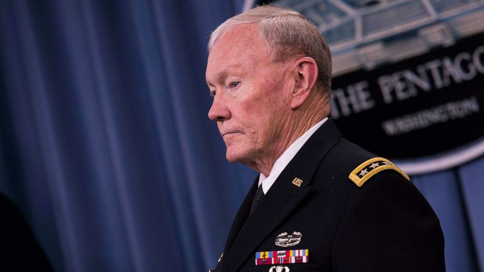 PHOTO: Chairman of the Joint Chiefs of Staff General Martin Dempsey looks on as President Barack Obama delivers remarks after meeting with members of his national security team concerning ISIS at the Pentagon in Arlington, Va., July 6, 2015.