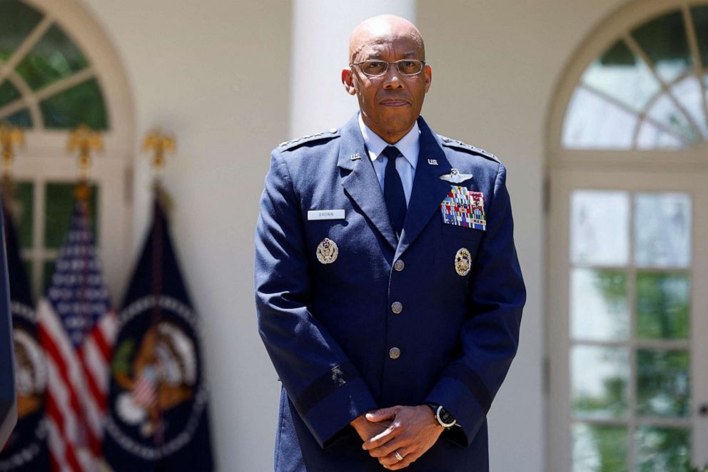 PHOTO: U.S. Air Force Gen. Charles Brown, Jr. stands by as President Joe Biden nominates Brown to serve as the next chairman of the Joint Chiefs of Staff during an event in the Rose Garden at the White House in Washington, D.C., May 25, 2023.