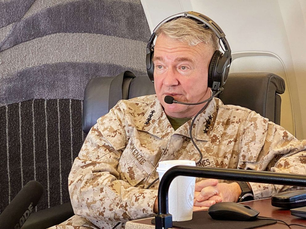 PHOTO: Gen. Frank McKenzie, the commander of U.S. Central Command, speaks to reporters traveling with him to the Middle East.