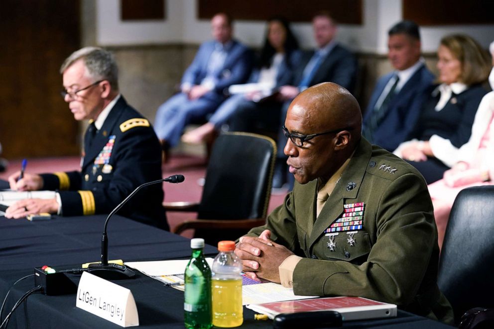 PHOTO: Lt. Gen. Michael Langley, speaks during a Senate Armed Services hearing to examine the nominations on Capitol Hill, July 21, 2022, in Washington, D.C. Lt. Gen. Bryan Fenton, is left.