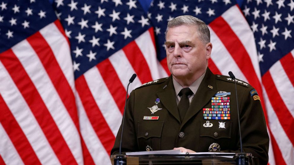 PHOTO: Chairman of the Joint Chiefs of Staff General Mark A. Milley attends a news conference during a NATO Defence Ministers meeting in Brussels, Belgium, Oct. 12, 2022.