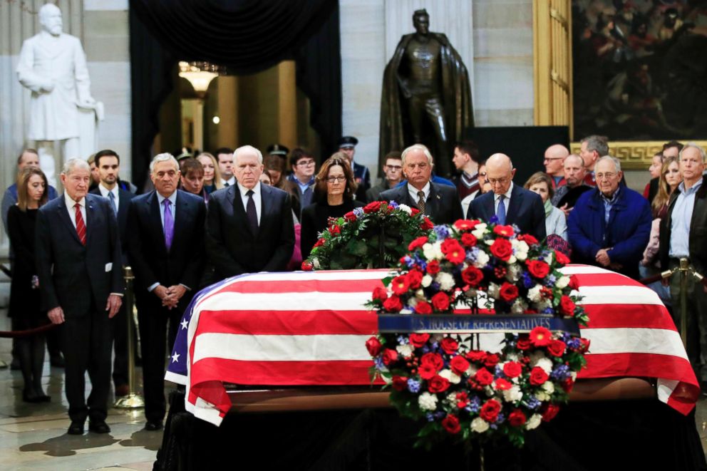 PHOTO: CIA Director Gina Haspel together with former CIA Directors pay their last respect to former President George H.W. Bush as he lies in state at the U.S. Capitol in Washington, Dec. 4, 2018.