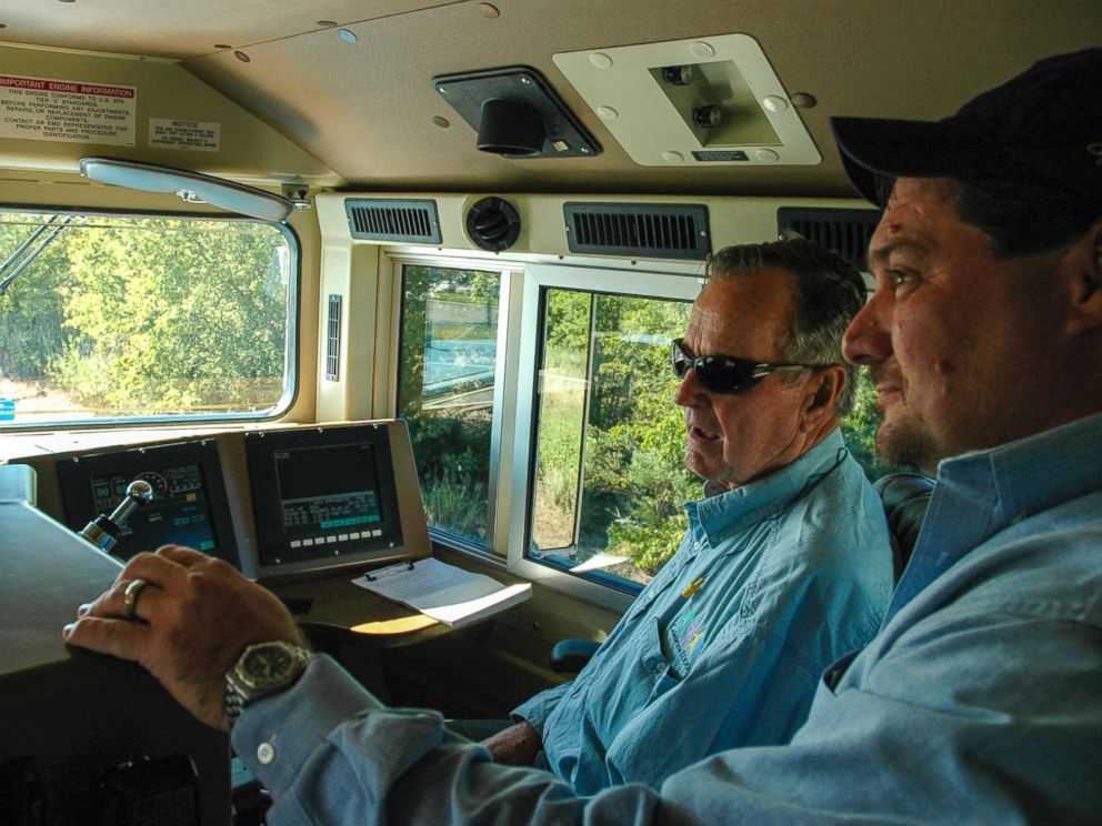PHOTO: Former President George H.W. Bush rides in the cab of locomotive No. 4141 in an undated handout photo.