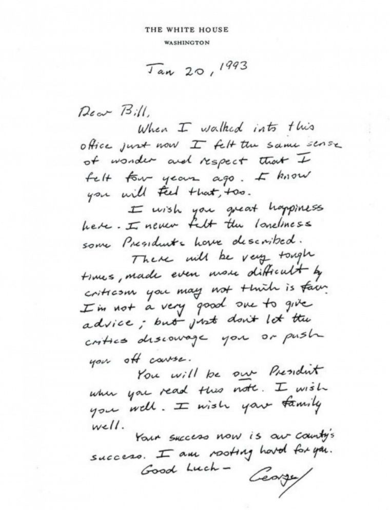 PHOTO: Outgoing President George H.W. Bush left his letter in the Oval Office for President Bill Clinton on Inauguration Day, Jan. 20, 1993.