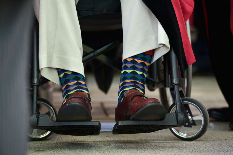 PHOTO: Detail of George H.W. Bush's colorful socks at the Harvard University 363rd Commencement Exercises Ceremony in Cambridge, Mass., May 29, 2014. 