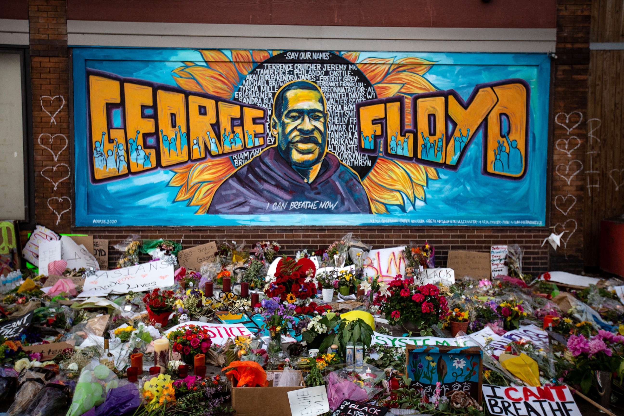 PHOTO: In this May 31, 2020, file photo, the makeshift memorial and mural is shown outside Cup Foods where George Floyd was murdered by a Minneapolis police officer in Minneapolis.