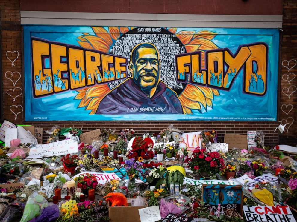 PHOTO: In this May 31, 2020, file photo, the makeshift memorial and mural is shown outside Cup Foods where George Floyd was murdered by a Minneapolis police officer in Minneapolis.