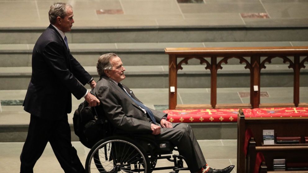 Former Presidents George W. Bush, left, and George H.W. Bush arrive at St. Martin's Episcopal Church for a funeral service for former first lady Barbara Bush, Saturday, April 21, 2018, in Houston. 