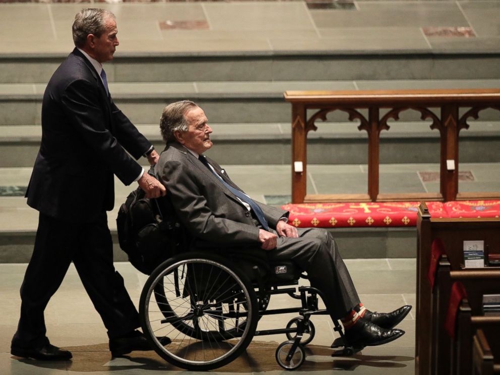 Former Presidents George W. Bush, left, and George H.W. Bush arrive at St. Martins Episcopal Church for a funeral service for former first lady Barbara Bush, Saturday, April 21, 2018, in Houston.