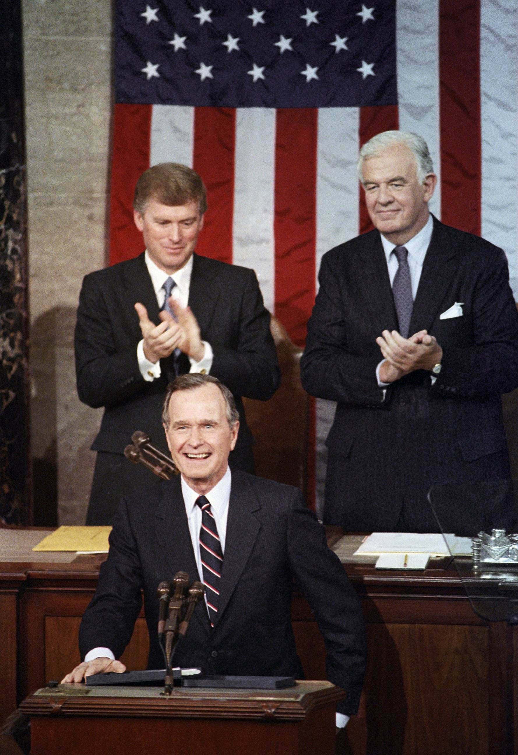 PHOTO: In this Jan. 31, 1990, file photo, President George H.W. Bush receives applause prior to delivering his first State of the Union address on Capitol Hill in Washington.