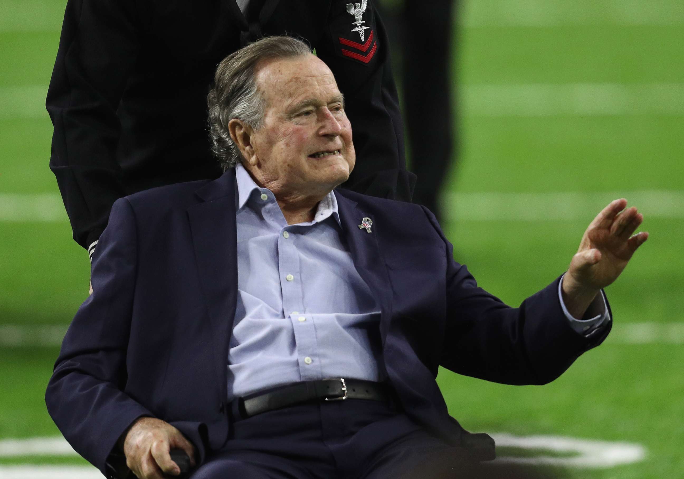 PHOTO: Former President George H.W. Bush arrives for the coin toss prior to Super Bowl 51 between the Atlanta Falcons and the New England Patriots at NRG Stadium on Feb. 5, 2017 in Houston, Texas.