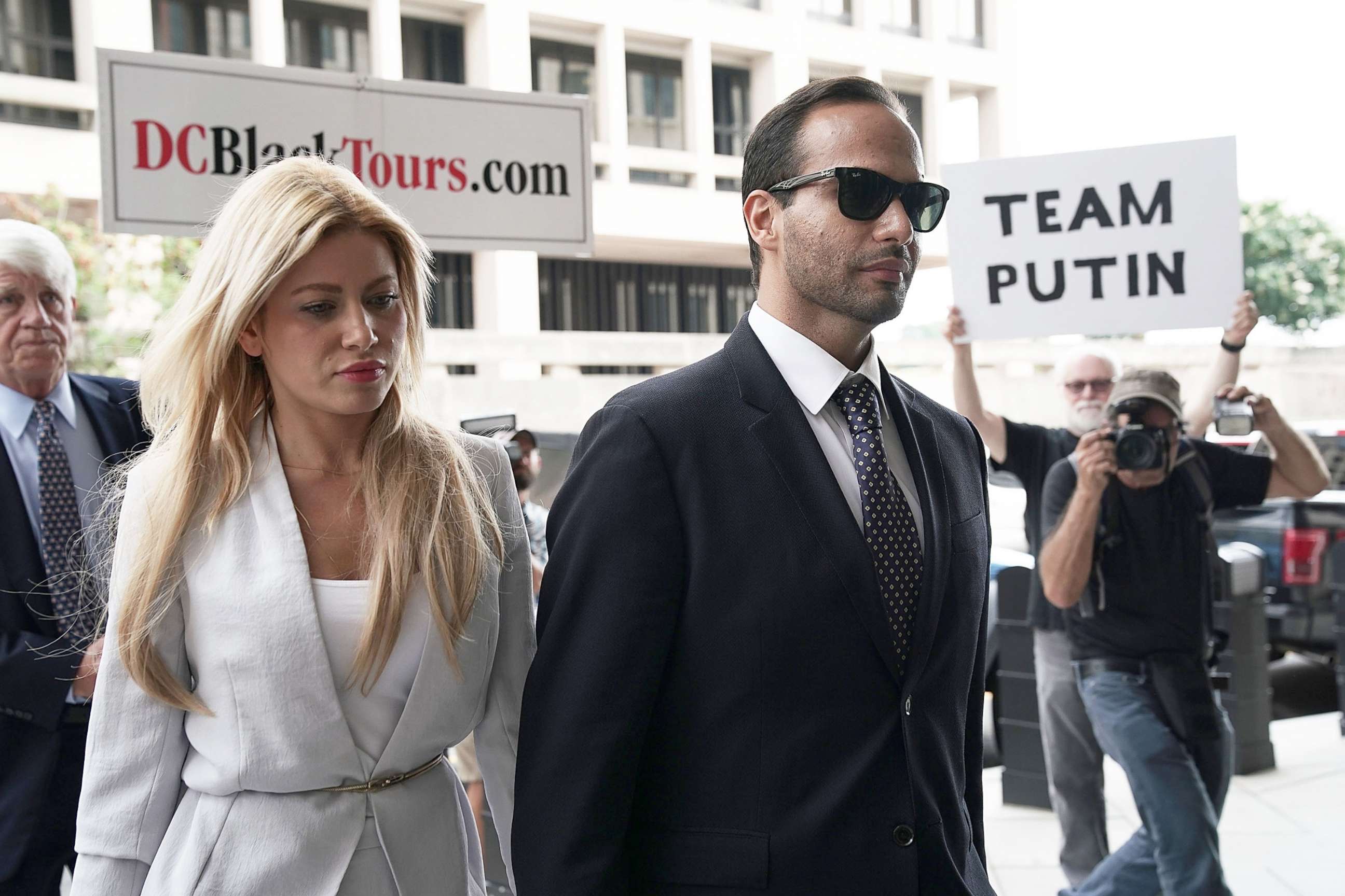 PHOTO: Former Trump Campaign aide George Papadopoulos arrives with his wife Simona Mangiante at the U.S. District Court for his sentencing hearing Sept. 7, 2018 in Washington, DC.