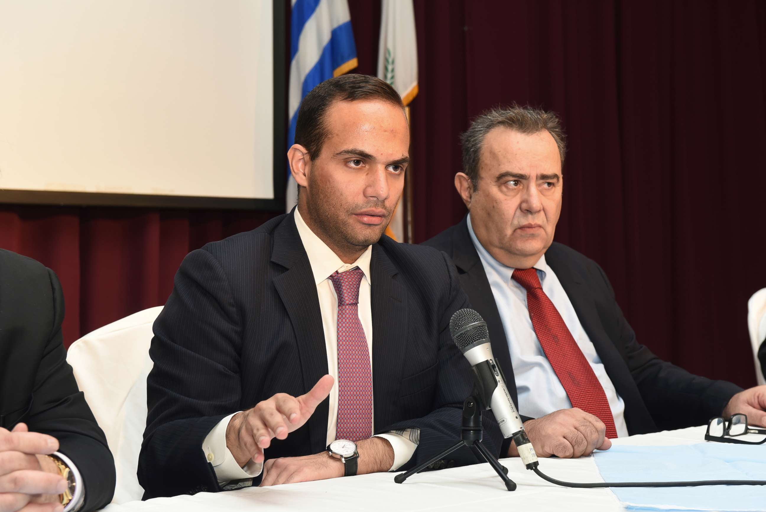 PHOTO: George Papadopoulos, left, speaks at an event in Astoria, N.Y., Nov. 6, 2016. At right is Dr. Michael Katehakis of Rutgers University.
