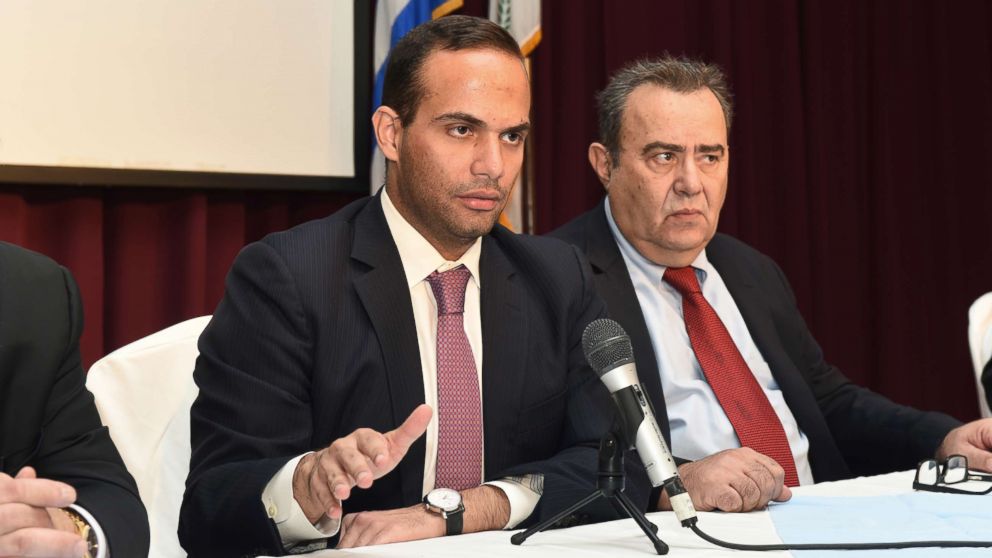 George Papadopoulos, left, speaks at an event in Astoria, N.Y., Nov. 6, 2016. At right is Dr. Michael Katehakis of Rutgers University.