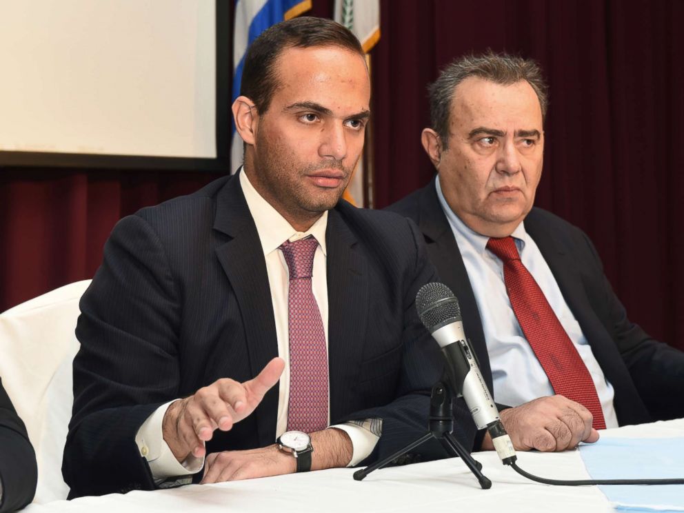 PHOTO: George Papadopoulos, left, speaks at an event in Astoria, N.Y., Nov. 6, 2016. At right is Dr. Michael Katehakis of Rutgers University.
<p itemprop=