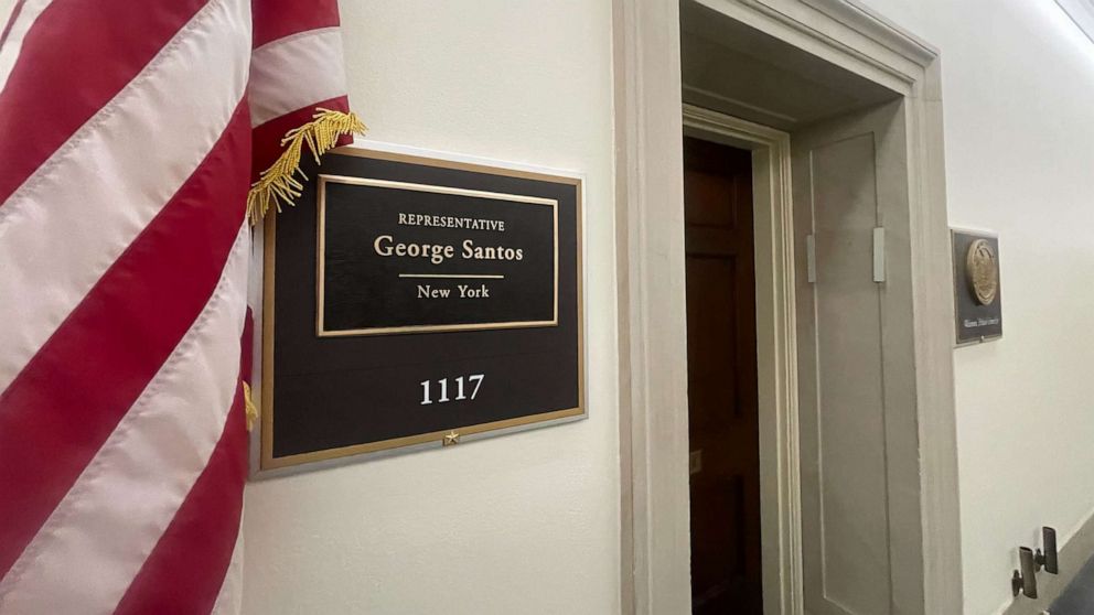 PHOTO: A nameplate hangs outside of George Santos' office in Washington.