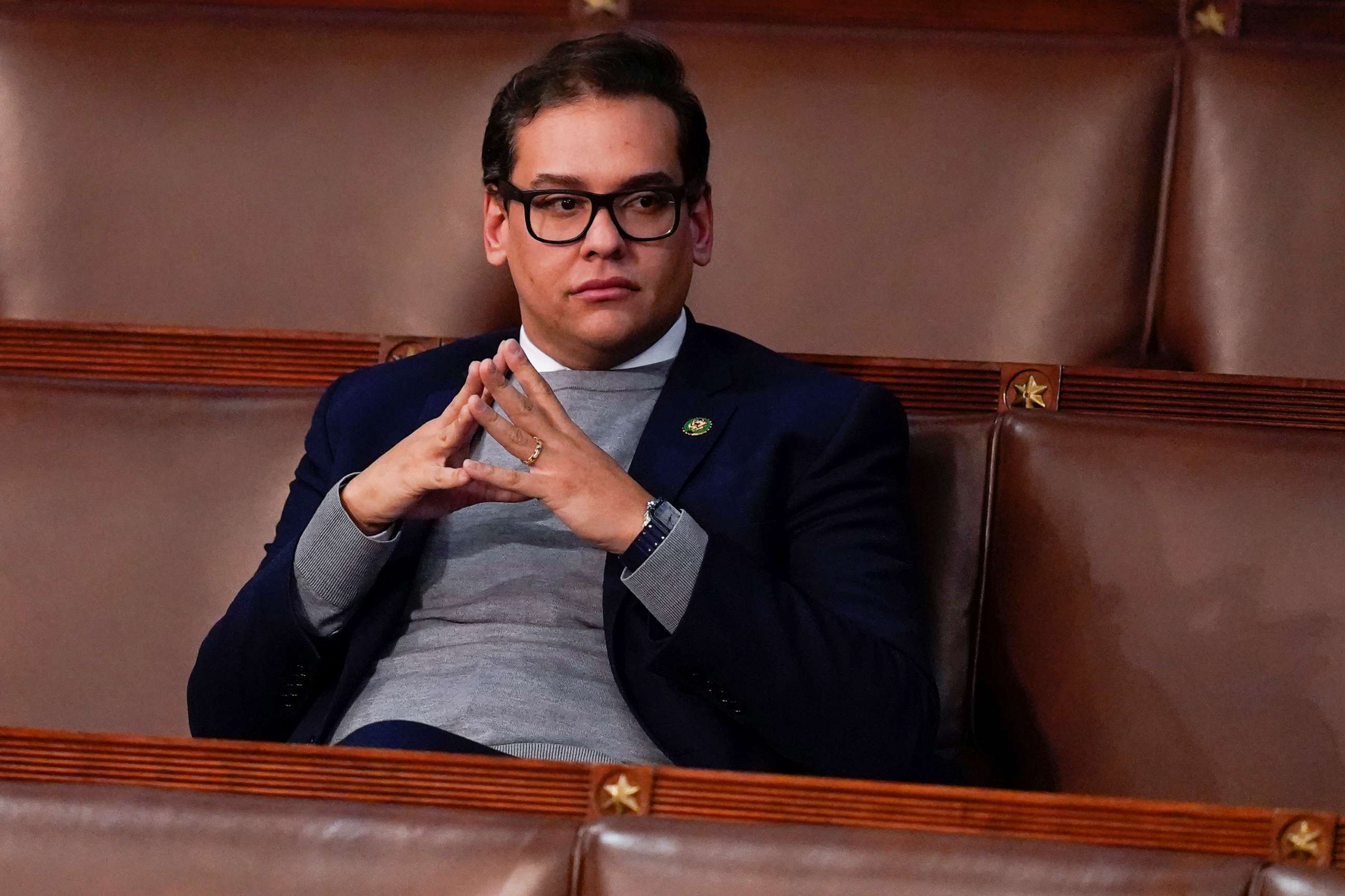 PHOTO: Rep. George Santos, R-N.Y., waits for the start of a session in the House chamber as the House meets for the fourth day to convene the 118th Congress, Jan. 6, 2023, in Washington.