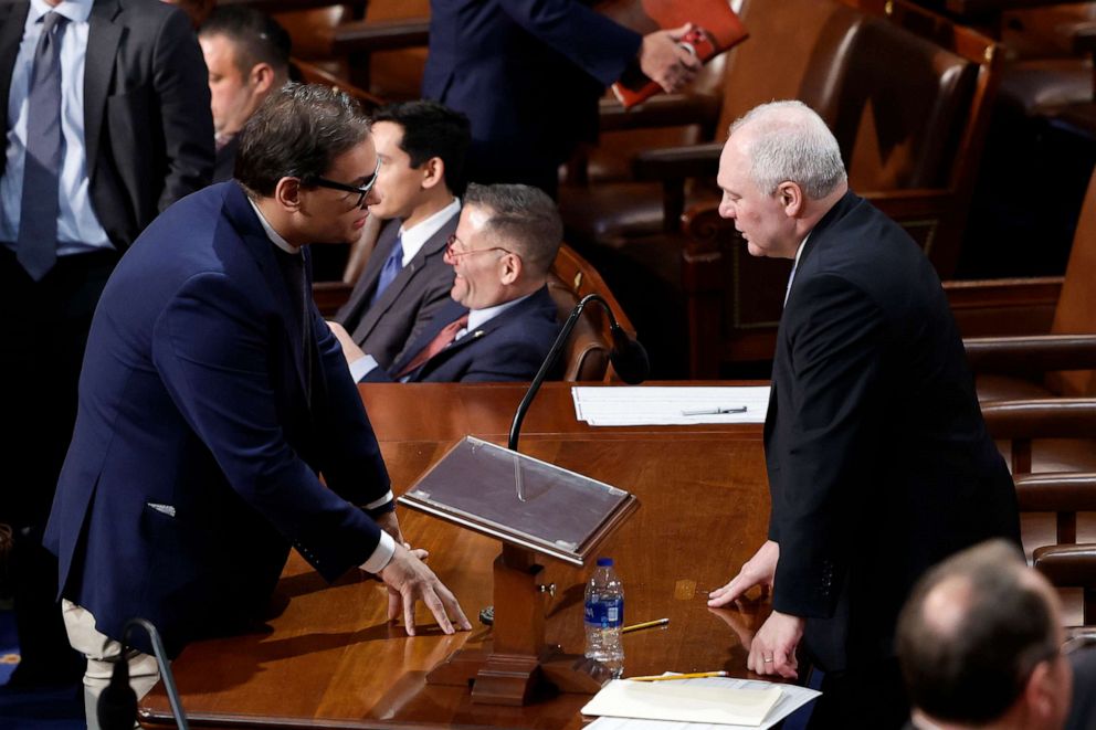 PHOTO: Rep. Steve Scalise talks to Rep. George Santos in the House Chamber during the third day of elections for Speaker of the House, Jan. 5, 2023, in Washington.