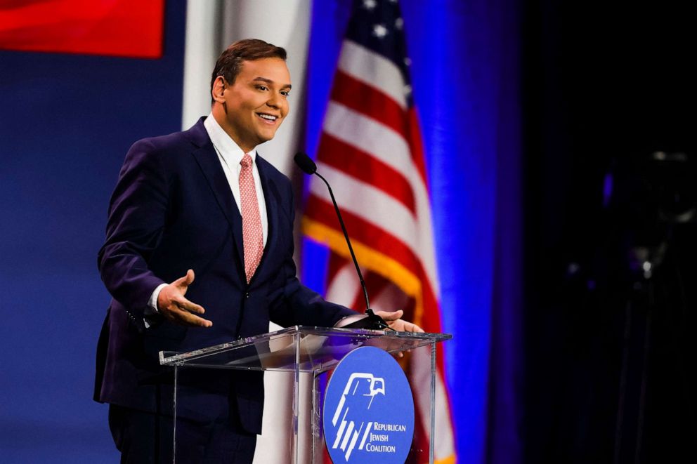 PHOTO: U.S. Representative-elect George Santos speaks at the Republican Jewish Coalition Annual Leadership Meeting in Las Vegas, Nov. 19, 2022.