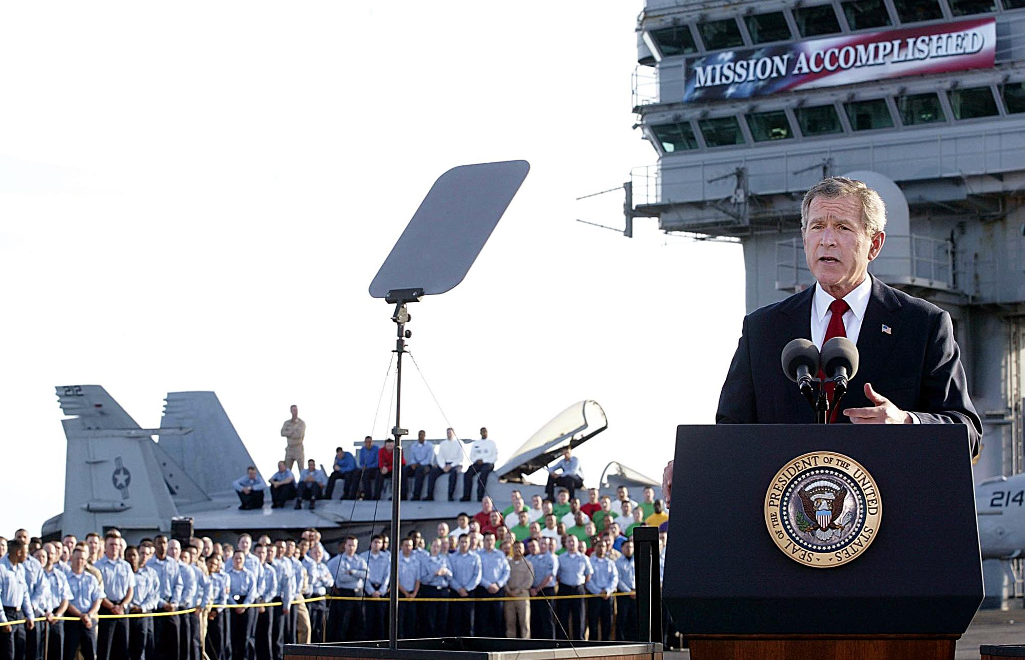 PHOTO: President George W. Bush addresses the nation aboard the nuclear aircraft carrier USS Abraham Lincoln May 1, 2003, as it sails for Naval Air Station North Island, San Diego, Calif.