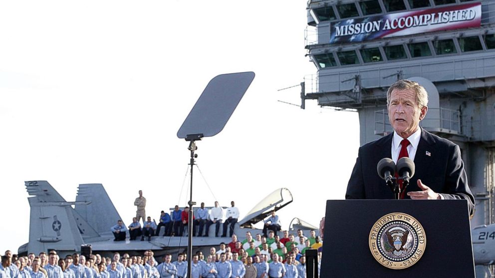 PHOTO: President George W. Bush addresses the nation aboard the nuclear aircraft carrier USS Abraham Lincoln May 1, 2003, as it sails for Naval Air Station North Island, San Diego, Calif.