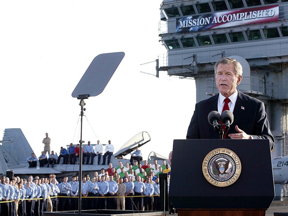 PHOTO: President George W. Bush addresses the nation aboard the nuclear aircraft carrier USS Abraham Lincoln May 1, 2003, as it sails for Naval Air Station North Island, San Diego, Calif.