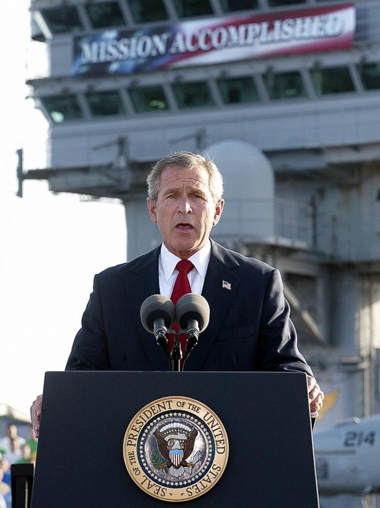  President George W. Bush addresses the nation aboard the nuclear aircraft carrier USS Abraham Lincoln as it sails for Naval Air Station North Island, San Diego, Calif. 