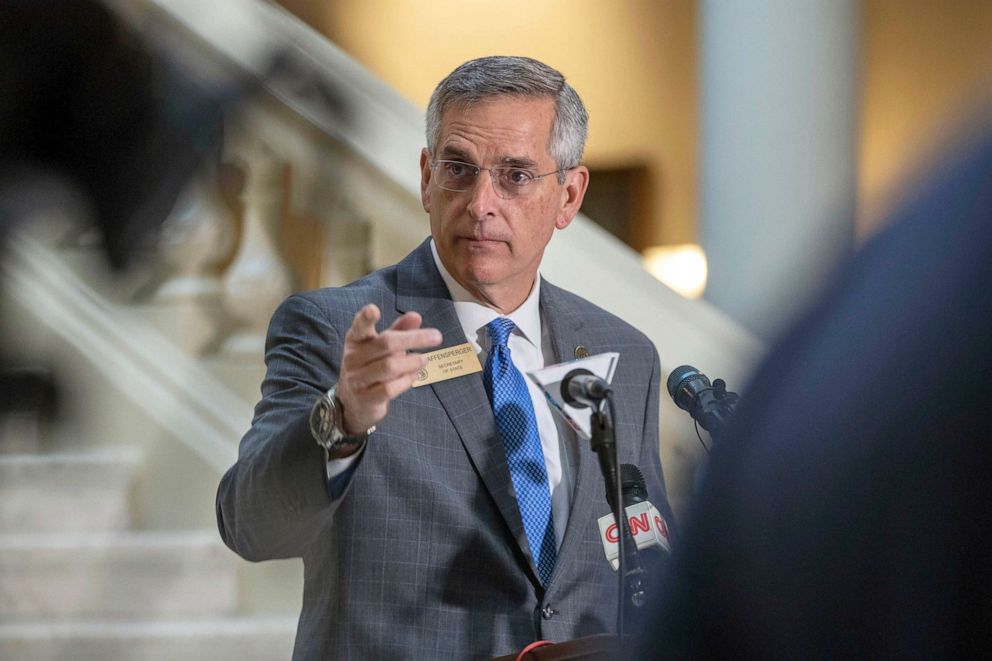 PHOTO: Georgia Secretary of State Brad Raffensperger speaks during a press conference on the third day of early voting at the Georgia State Capitol building in downtown Atlanta, Oct.14, 2020.