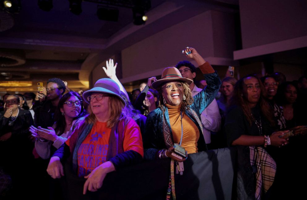 PHOTO: Supporters of U.S. Senator Raphael Warnock attend an election night party after polls closed for the U.S. midterm runoff election, Dec. 6, 2022, in Atlanta, Ga.