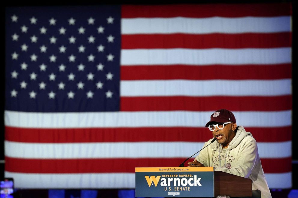 PHOTO: Director Spike Lee delivers remarks at an election night watch party for Sen. Raphael Warnock, Dec. 6, 2022, in Atlanta.