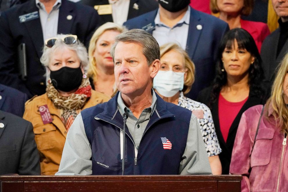 PHOTO: Georgia Gov. Brian Kemp speaks about Major League Baseball's decision to pull the 2021 All-Star Game from Atlanta over the league's objection to a new Georgia voting law during a news conference at the State Capitol in Atlanta, April 3, 2021.