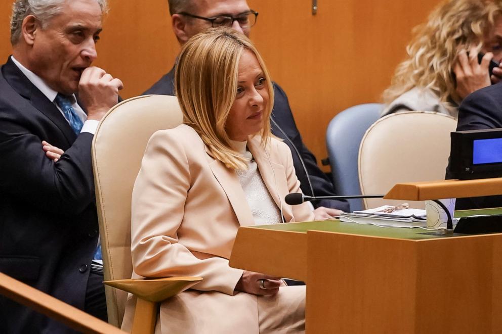 PHOTO: Italy's Prime Minister Giorgia Meloni reacts while listening to U.S. President Donald Trump's speech at the 80th United Nations General Assembly, in New York City, Sept. 23, 2025.