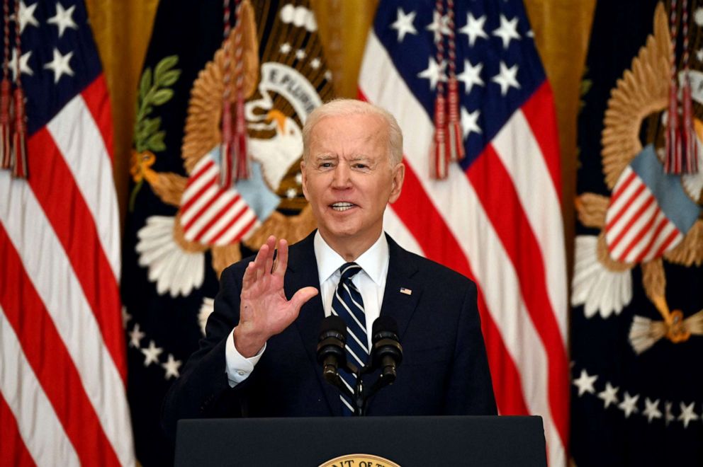 PHOTO: President Joe Biden answers a question during his first press briefing in the East Room of the White House , March 25, 2021. 