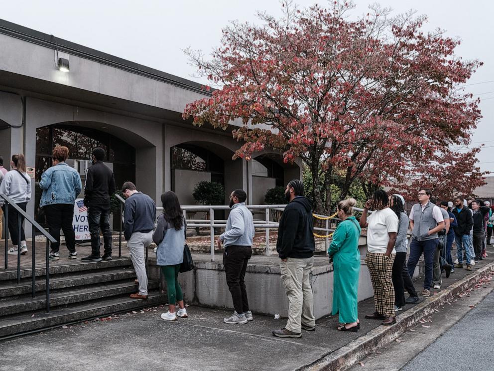 PHOTO: People wait in line to vote at a polling station in Smyrna, Georgia, on Election Day, Nov. 5, 2024. 