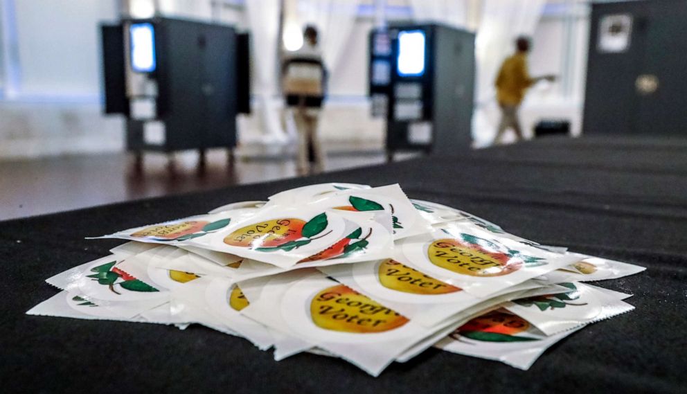 PHOTO: Stickers await voters on  during the Georgia Primary in Atlanta, Aug. 11, 2020.