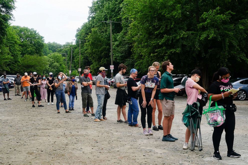 PHOTO: People wait in line to vote in Georgia's Primary Election, June 9, 2020 in Atlanta.