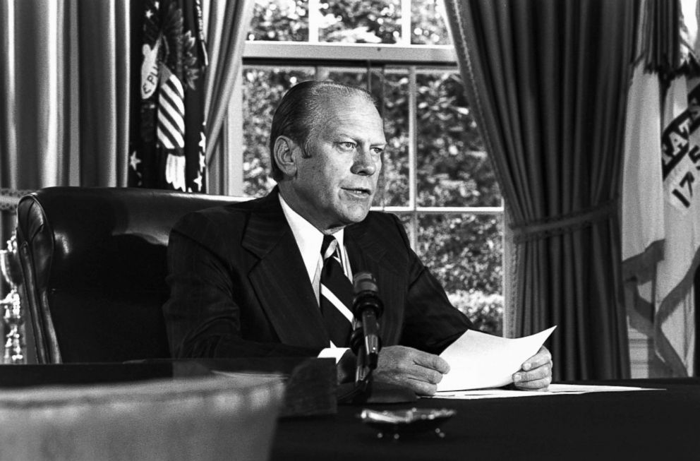 PHOTO: President Gerald Ford informs the American people of his decision to pardon Richard Nixon of any crimes he may have committed during the Watergate scandal. Washington D.C., Sept. 8, 1974.