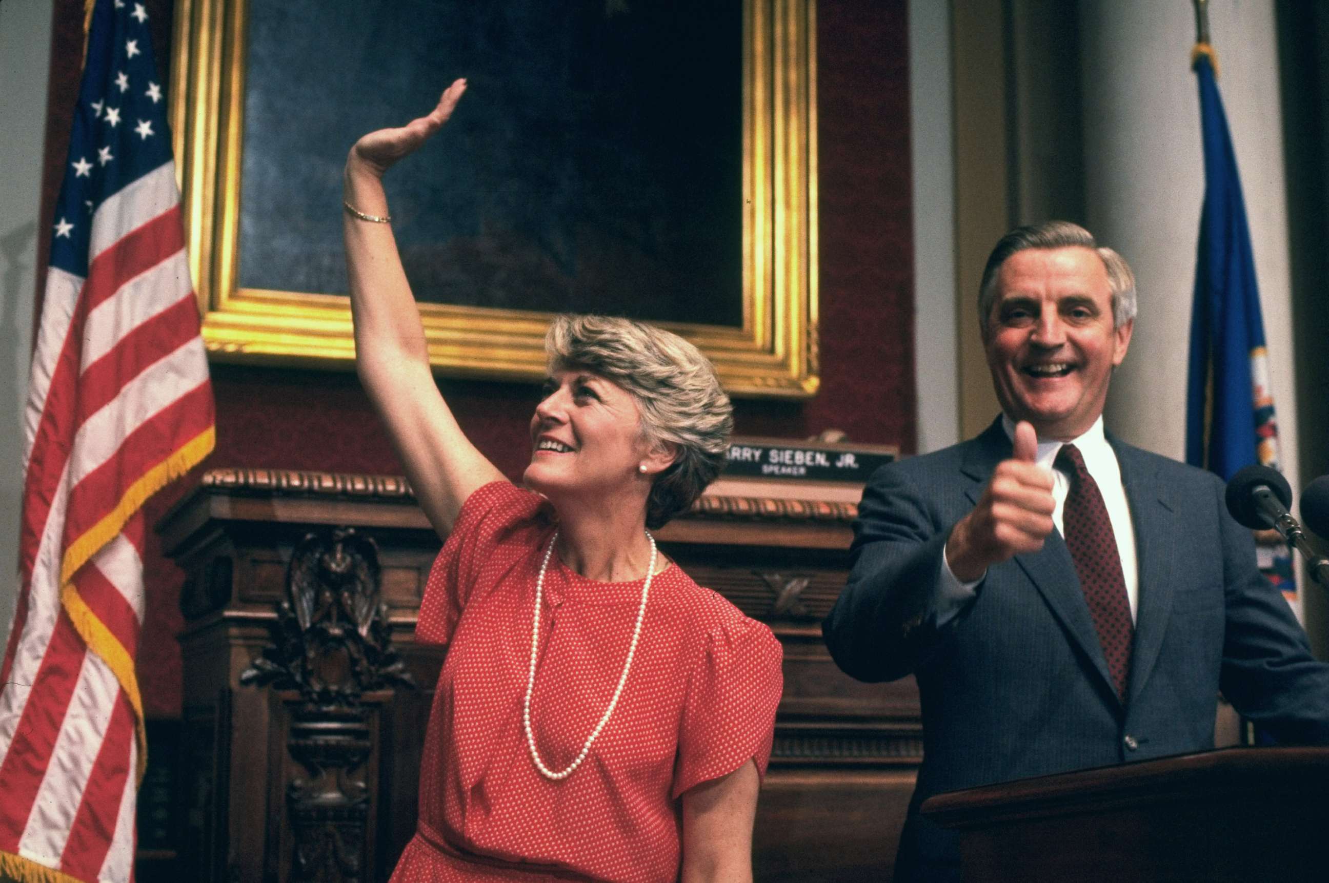 PHOTO: Rep. Geraldine Ferraro is announced as Democratic Presidential Candidate Walter Mondale's choice for Vice-President before the Democratic Convention in 
St. Paul, Minn., July 12, 1984.