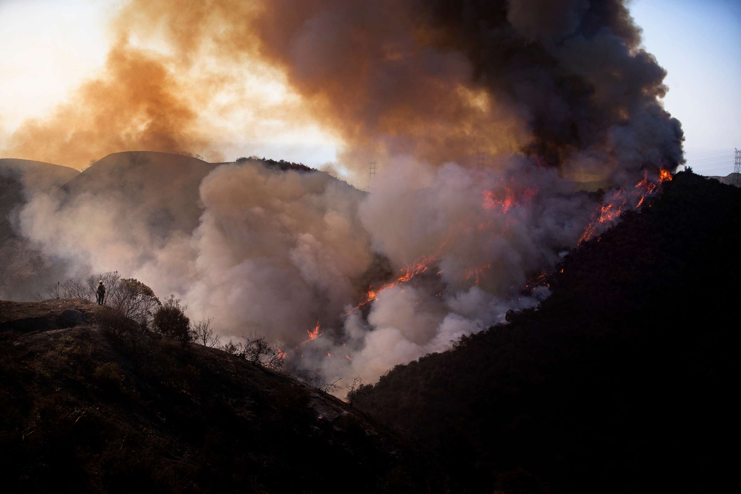PHOTO: A view of the Getty Fire spreading in the hills behind the Getty Center in Los Angeles, Oct. 28, 2019.