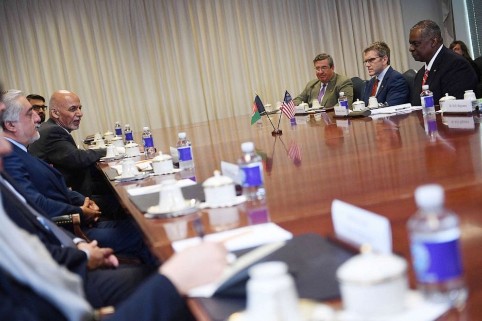 PHOTO: Afghan President Ashraf Ghani and Afghan Chairman of the High Council for National Reconciliation, Dr Abdullah Abdullah participate in a meeting with Secretary of Defense Lloyd Austin at the Pentagon in Arlington, Va., June 25, 2021.