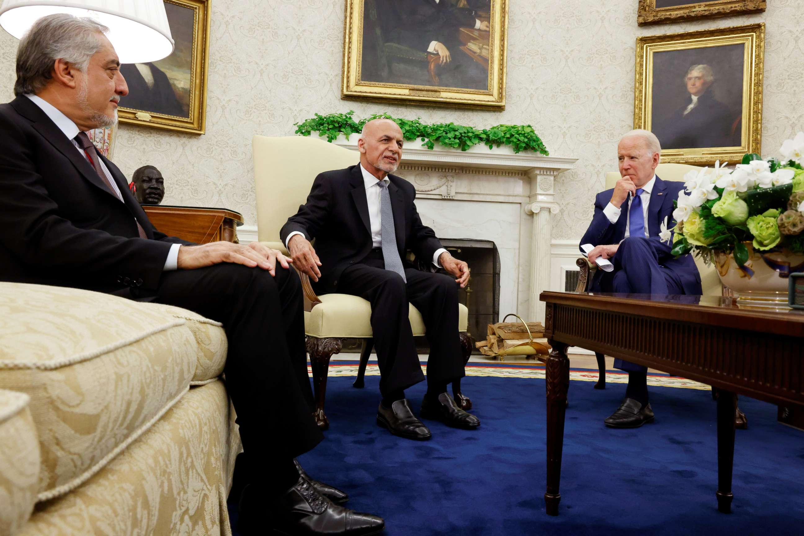 PHOTO: President Joe Biden meets with Afghan President Ashraf Ghani and Chairman of Afghanistan's High Council for National Reconciliation Abdullah Abdullah at the White House in Washington, June 25, 2021.