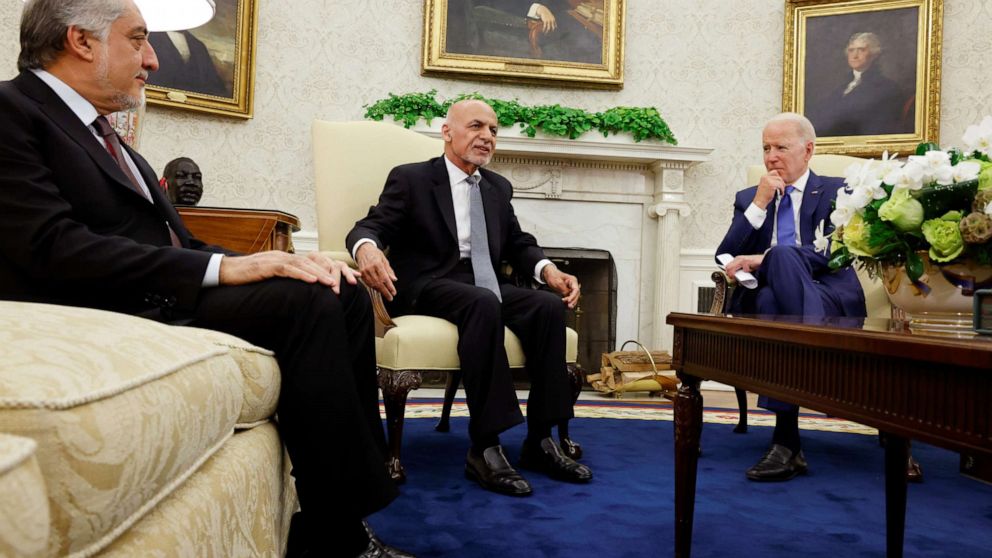 PHOTO: President Joe Biden meets with Afghan President Ashraf Ghani and Chairman of Afghanistan's High Council for National Reconciliation Abdullah Abdullah at the White House in Washington, June 25, 2021.