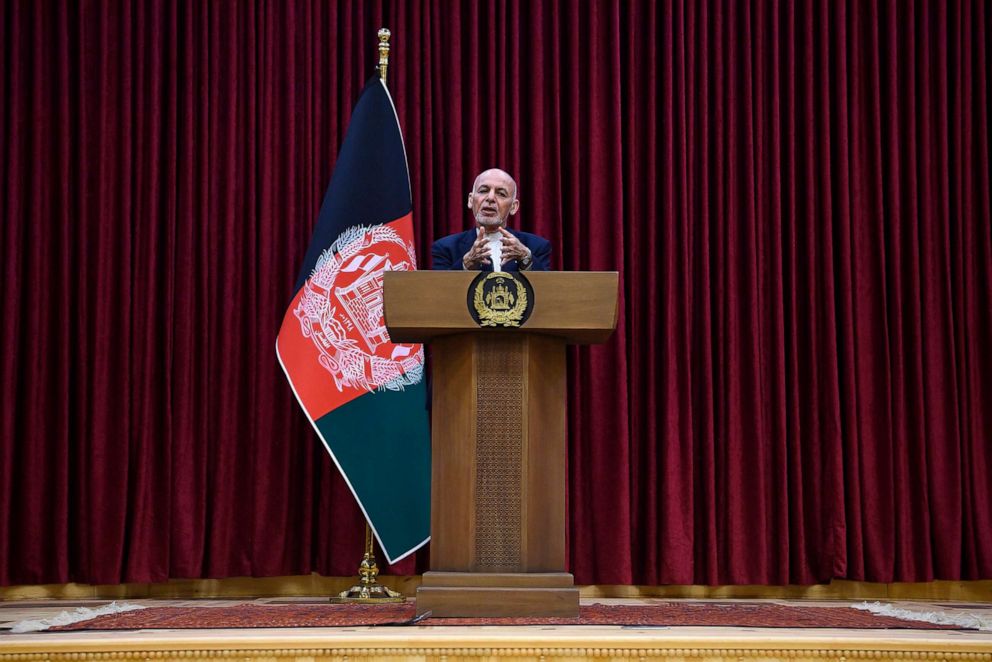PHOTO: Afghan President Ashraf Ghani gestures as he speaks during a press conference at the presidential palace in Kabul, March 1, 2020. 