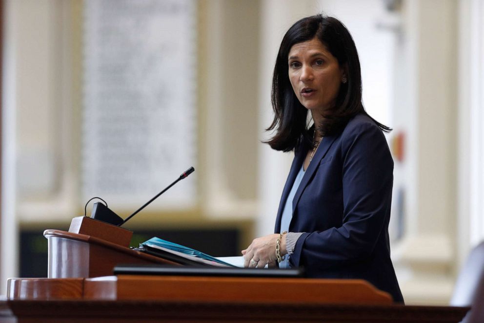 PHOTO: House speaker Sara Gideon conducts business in the House Chamber at the State House, Tuesday, March 17, 2020, in Augusta, Maine.