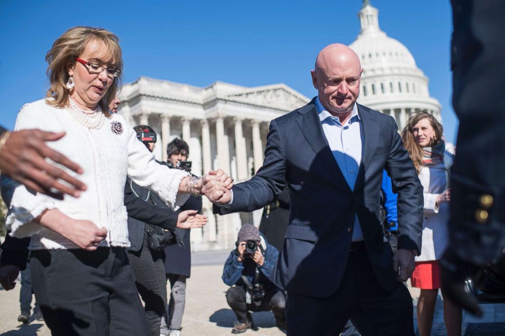 PHOTO: Mark Kelly, and his wife former Rep. Gabrielle Giffords, D-Ariz., are seen after a news conference with lawmakers at the House Triangle to call on Congress to act on gun safety legislation, March 23, 2018.